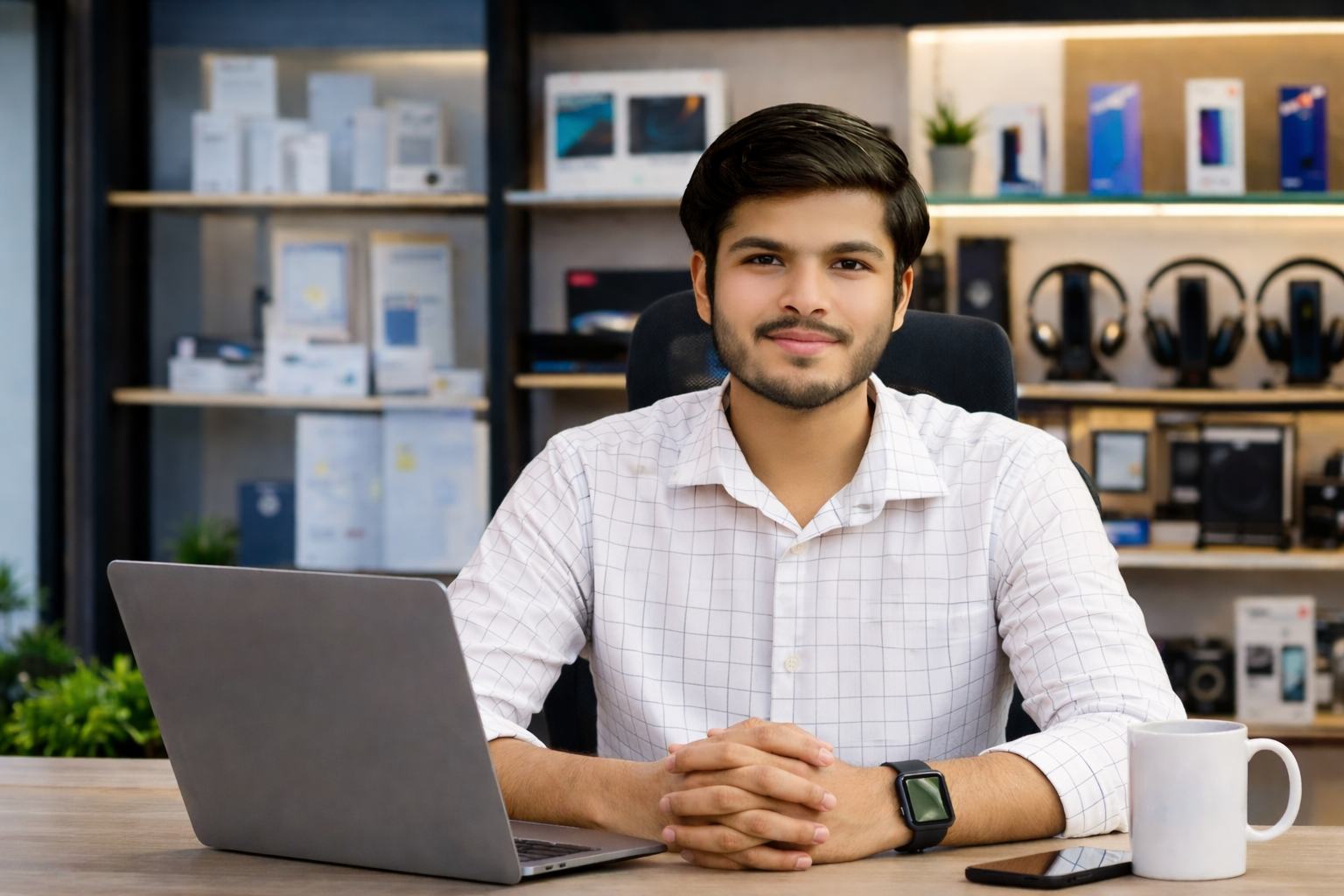 smiling professional in a modern electronics store